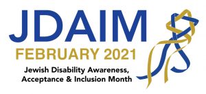 "JDAIM February 2021. Jewish Disability Awareness, Acceptance, & Inclusion Month" with a blue and yellow ribbon on the side that are interwoven to create a Star of David.