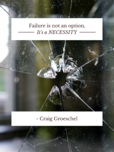 A photo of a bullet hole in a pane of glass. Text reads: Failure is not an option. It is a NECESSITY. Craig Groeschel.