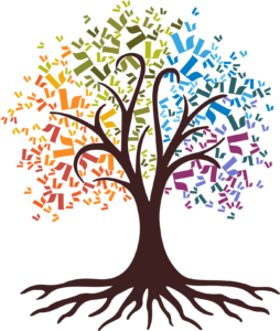 An illustration of a tree with colorful leaves in the shape of JLV's logo.